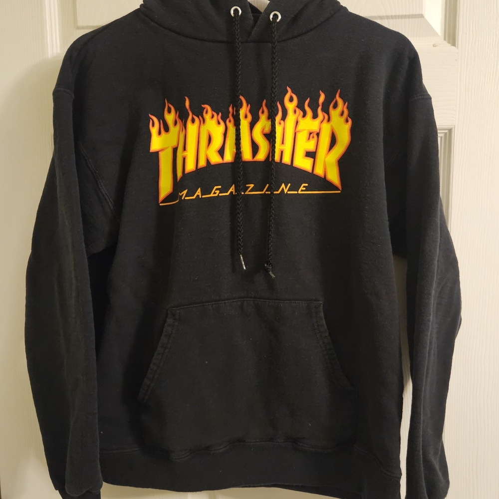 VTG Thrasher Black Hoodie with Flame Logo